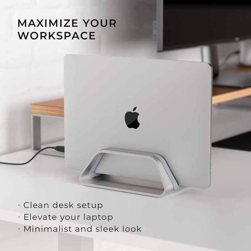 HumanCentric Vertical Laptop Stand Compatible with MacBook Pro and MacBook Air, Holder for Personal Computer Desk Stand, Aluminium, Exchangeable Inserts to Fit Different Device Models, Silver - Image 3